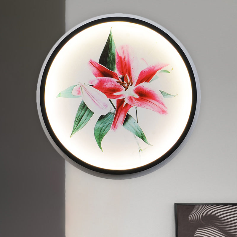 Vivolux | Orientalischer Stil Zirkuläre Metall Wandlampe LED Wandmontiertes Licht in Schwarz mit Blumen-/Vogelmustern
