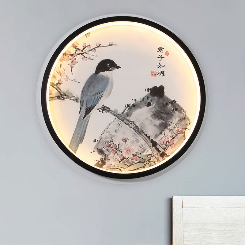 Vivolux | Orientalischer Stil Zirkuläre Metall Wandlampe LED Wandmontiertes Licht in Schwarz mit Blumen-/Vogelmustern