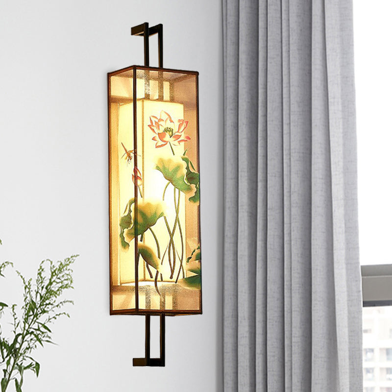 Vivolux | Oriental Style Cuboid Gevormde Stof Wandlamp 2 Koppen Wandmuur Licht in Zwart met Lotusblad/Tak Patroon