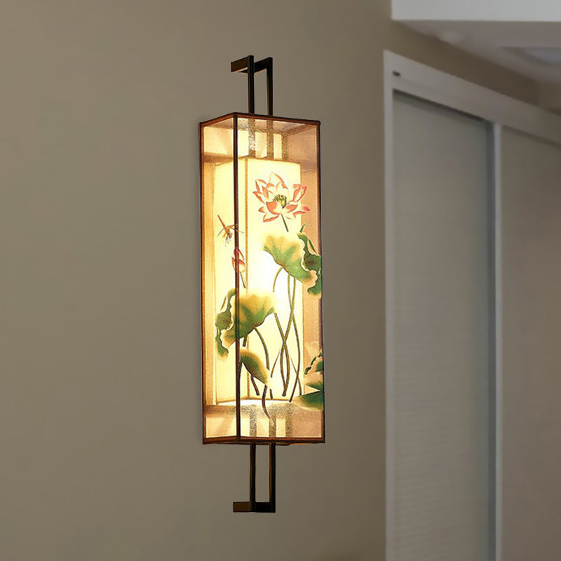 Vivolux | Oriental Style Cuboid Gevormde Stof Wandlamp 2 Koppen Wandmuur Licht in Zwart met Lotusblad/Tak Patroon