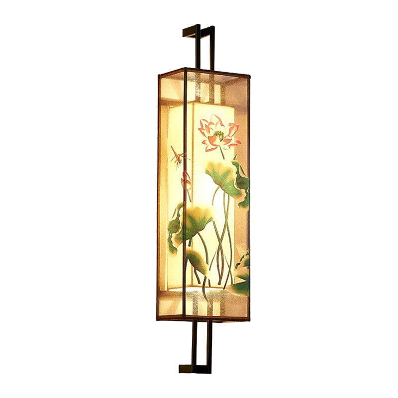 Vivolux | Oriental Style Cuboid Gevormde Stof Wandlamp 2 Koppen Wandmuur Licht in Zwart met Lotusblad/Tak Patroon