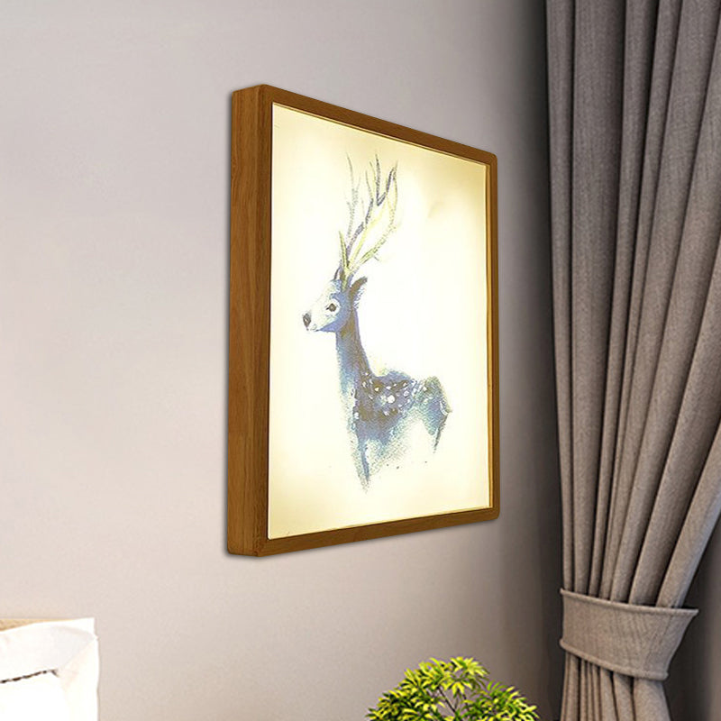 Vivolux | 12"/16" Breedte Vierkante Metallic Muur Lamp Minimalistisch LED Hout Wandgemonteerde Verlichting met Hert Patroon