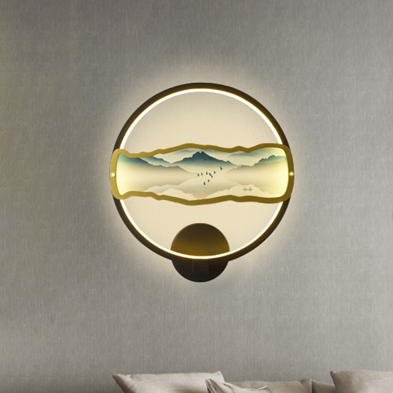 Vivolux | Schwarzes zirkuläres Bergmuster Wandbeleuchtung Asiastil LED Metallic Wandbeleuchtung Idee, Warm/Weißes Licht