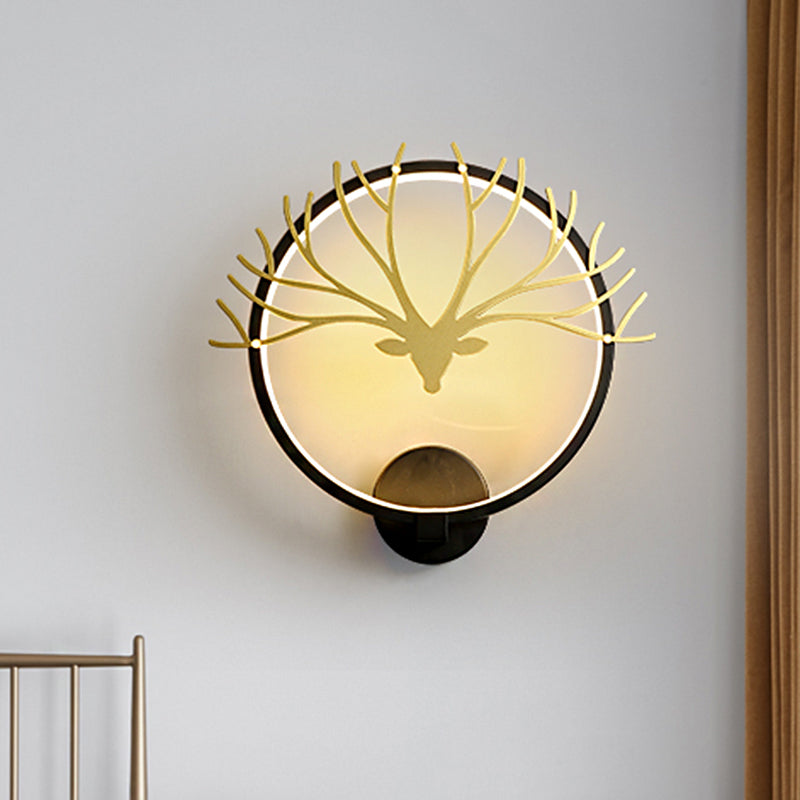 Vivolux | Runde Elch-Gewehr Kopf Wandlampe Nordic Style Metall LED Schwarz/Gold Wandtapete Licht für Nachttisch, Warm/Weiß Licht