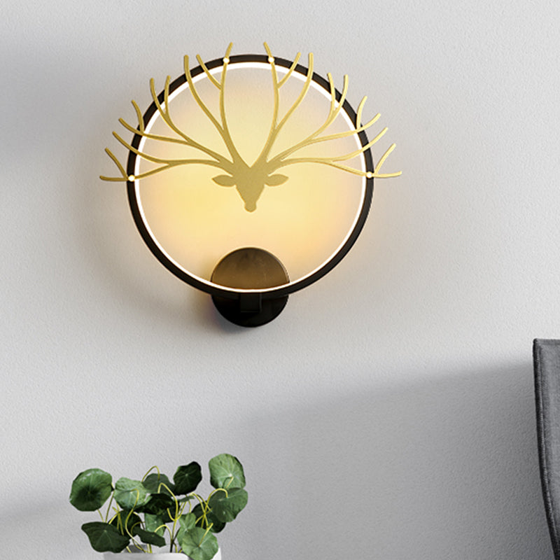 Vivolux | Runde Elch-Gewehr Kopf Wandlampe Nordic Style Metall LED Schwarz/Gold Wandtapete Licht für Nachttisch, Warm/Weiß Licht