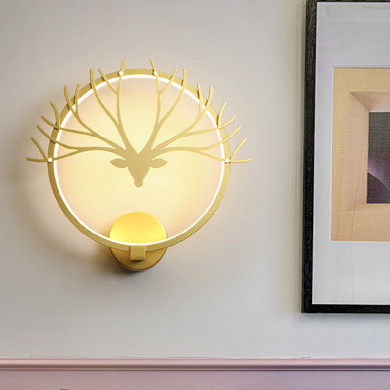 Vivolux | Runde Elch-Gewehr Kopf Wandlampe Nordic Style Metall LED Schwarz/Gold Wandtapete Licht für Nachttisch, Warm/Weiß Licht