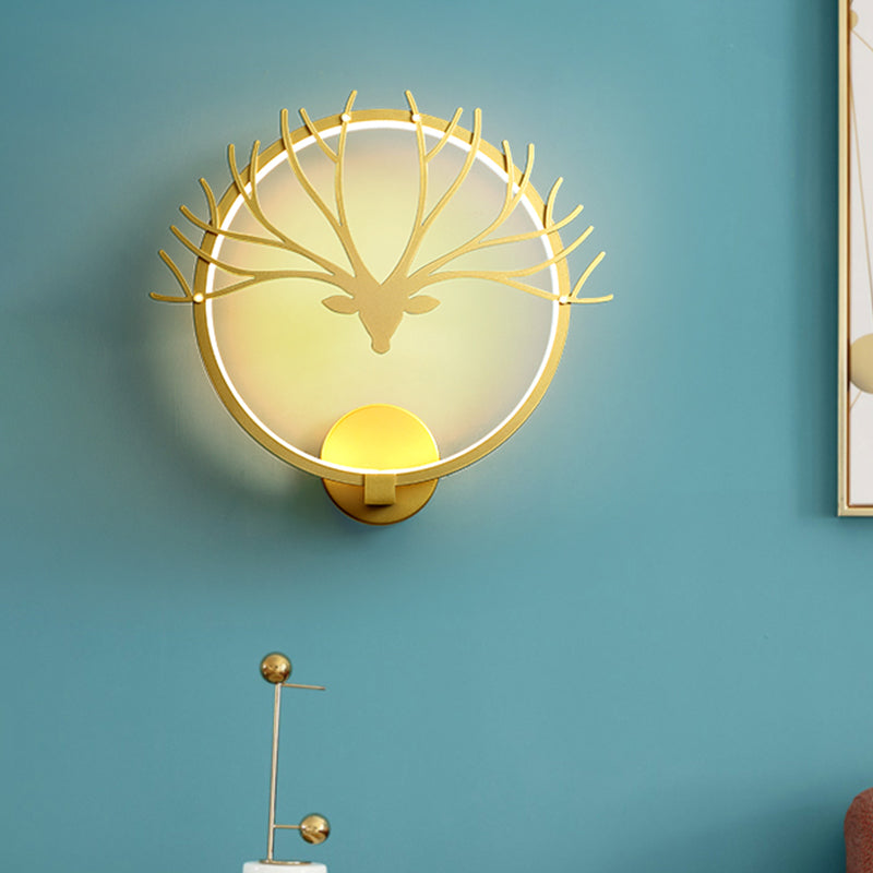 Vivolux | Runde Elch-Gewehr Kopf Wandlampe Nordic Style Metall LED Schwarz/Gold Wandtapete Licht für Nachttisch, Warm/Weiß Licht
