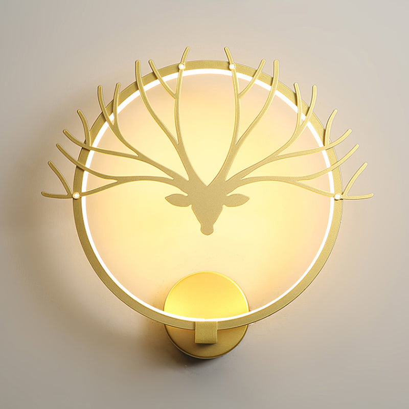 Vivolux | Runde Elch-Gewehr Kopf Wandlampe Nordic Style Metall LED Schwarz/Gold Wandtapete Licht für Nachttisch, Warm/Weiß Licht