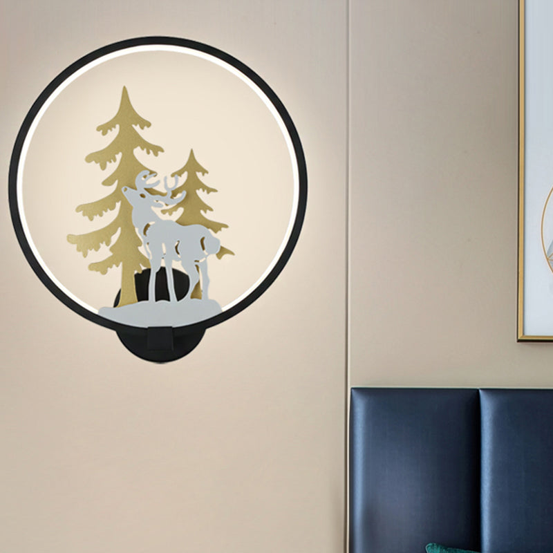 Vivolux | Schwarz/Weiß Rund Reh und Baum Wandmural Licht Minimalistischer Stil LED Metall Wandbeleuchtung, Warm/Weiß Licht