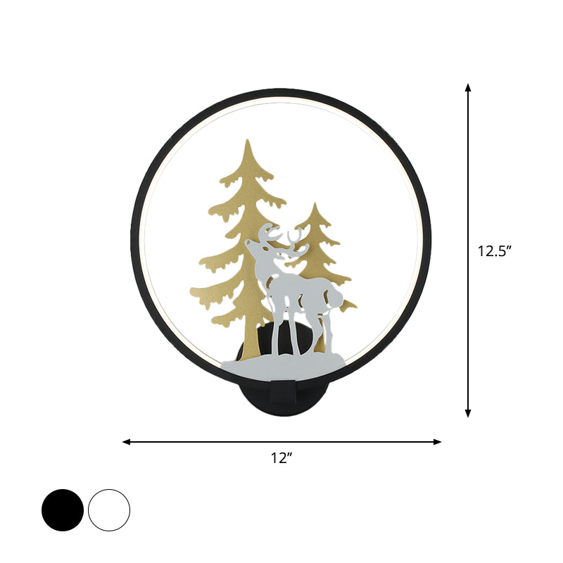 Vivolux | Schwarz/Weiß Rund Reh und Baum Wandmural Licht Minimalistischer Stil LED Metall Wandbeleuchtung, Warm/Weiß Licht