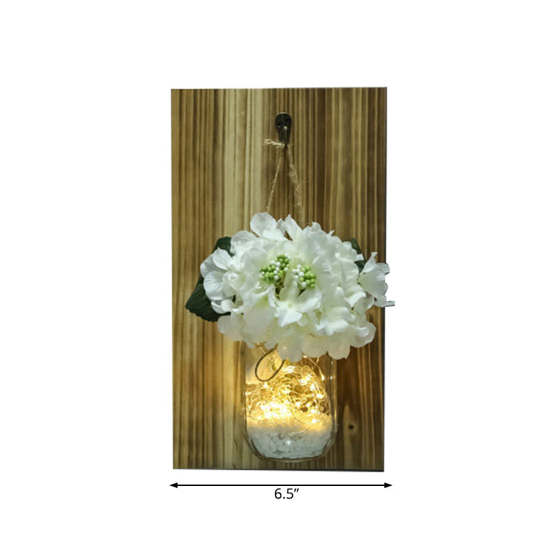Vivolux | Weiße Blumen Wand Lichterkette Nordisches Klarglas Glas Jar Funkellicht mit Holz Rückplatte