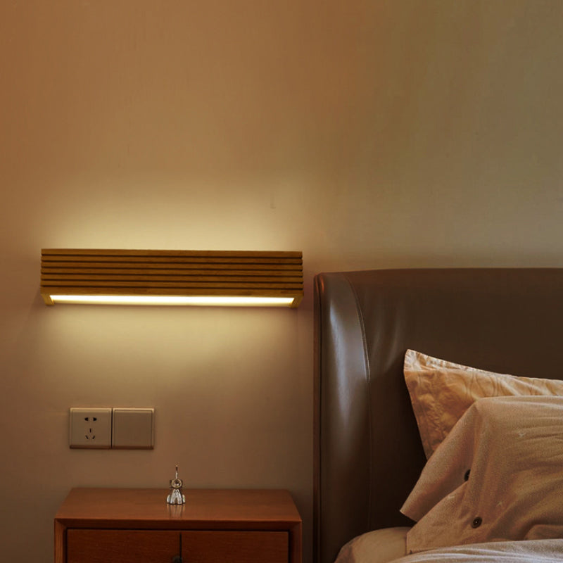 Vivolux | Gestreepte slaapkamer wandlamp hedendaags houten 14"/18"/21.5" breed 1-kops beige LED op en neer lichtarmatuur in warm/wit licht
