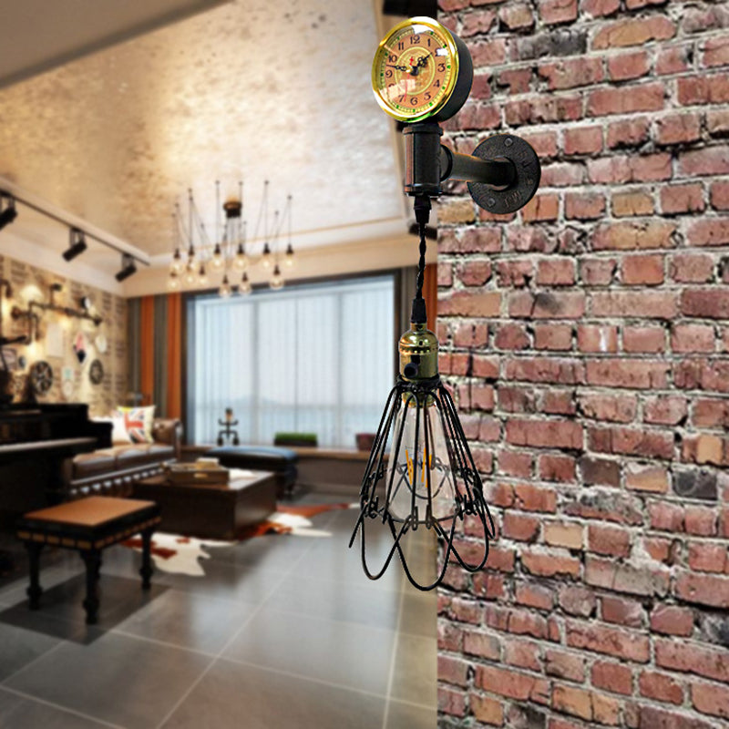 Vivolux | 1 Glühbirne Metall Wandlampe Bauernhaus Gealtertes Messing/schwarzer Drahtrahmen Flur Wandleuchte mit Messgerät