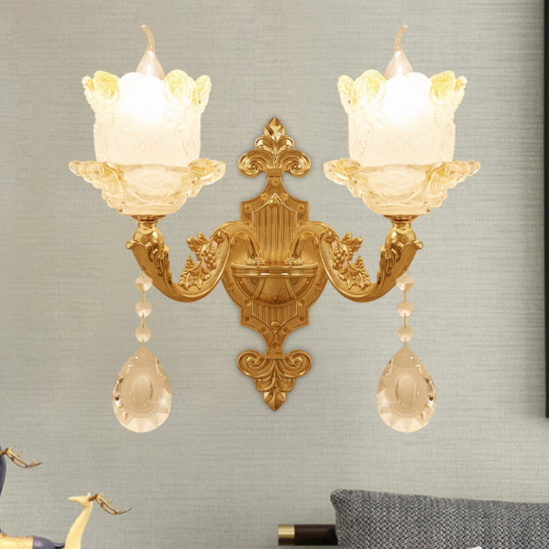 Vivolux | Traditionele Scroll Arm Wandlamp 1/2-Lamp Glazen Bloesem Schaal Muurmontage Licht in Messing met Kristal Accenten