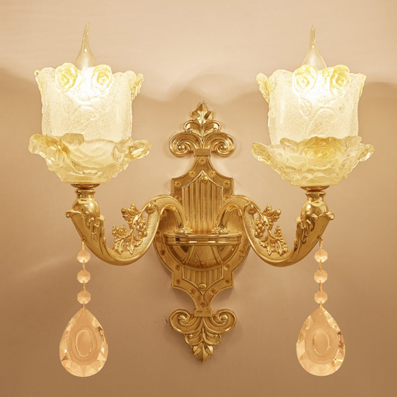 Vivolux | Traditionele Scroll Arm Wandlamp 1/2-Lamp Glazen Bloesem Schaal Muurmontage Licht in Messing met Kristal Accenten