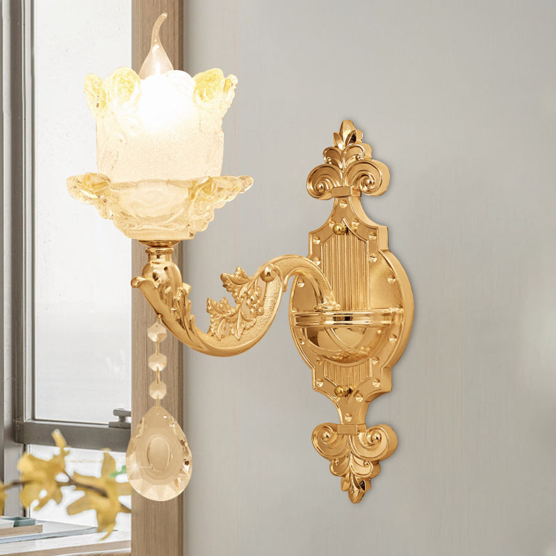 Vivolux | Traditionele Scroll Arm Wandlamp 1/2-Lamp Glazen Bloesem Schaal Muurmontage Licht in Messing met Kristal Accenten