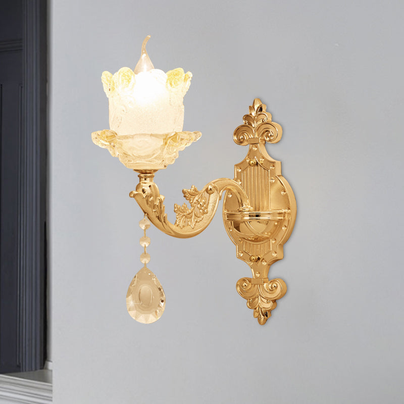 Vivolux | Traditionele Scroll Arm Wandlamp 1/2-Lamp Glazen Bloesem Schaal Muurmontage Licht in Messing met Kristal Accenten