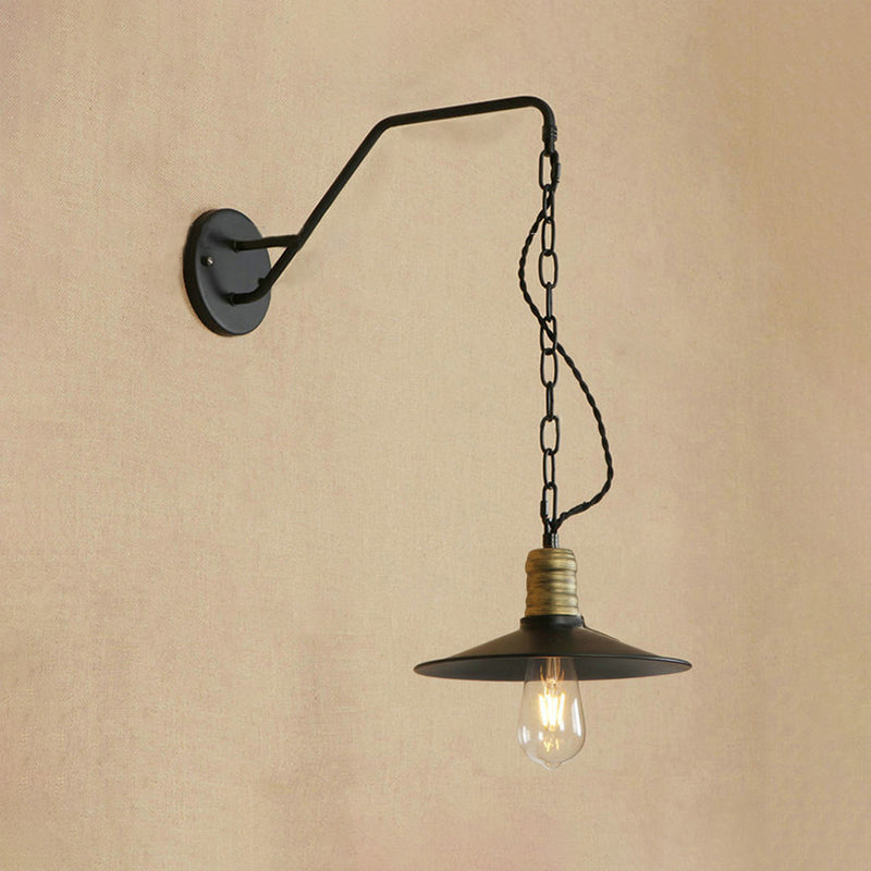 Vivolux | 1 Glühbirne Wand hängen Licht mit flachem Schirm und Kette Metall Vintage Stil Wohnzimmer Wandleuchte Beleuchtung in Schwarz, 7"/10" B