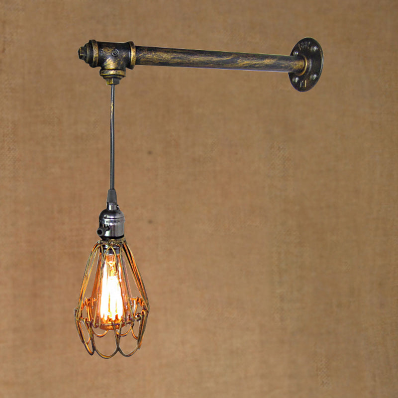 Vivolux | 1 Kopf Eisen Wandlampe Rustikaler Stil Antikes Messing Käfigschatten Esszimmer Wandleuchte mit Rohr