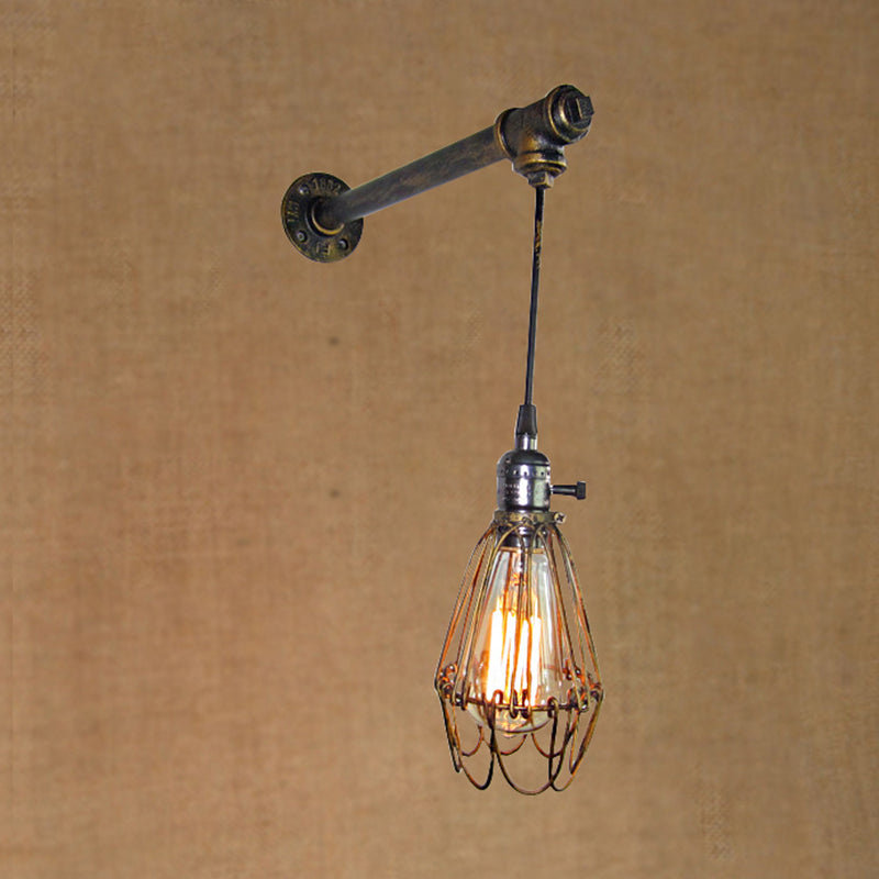 Vivolux | 1 Kopf Eisen Wandlampe Rustikaler Stil Antikes Messing Käfigschatten Esszimmer Wandleuchte mit Rohr