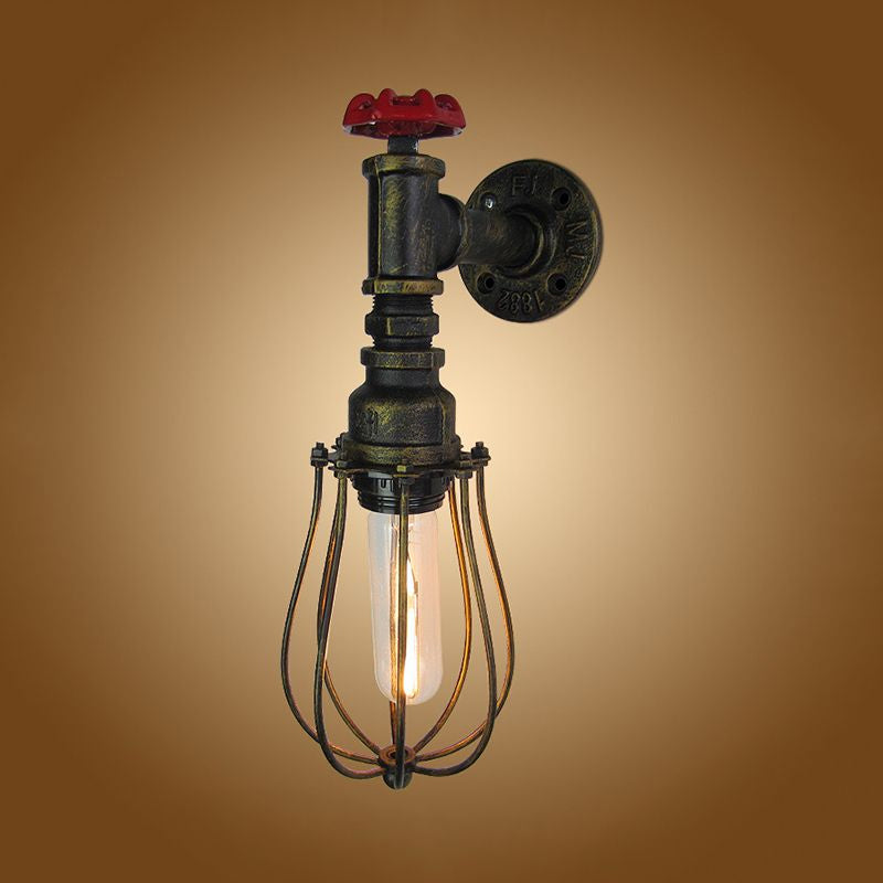 Vivolux | 1 Kopf Glühlampe geformte Wandlampe mit Drahtschutz und rohem Ventil Industrie Antik Messing Eisen Wandmontage Licht