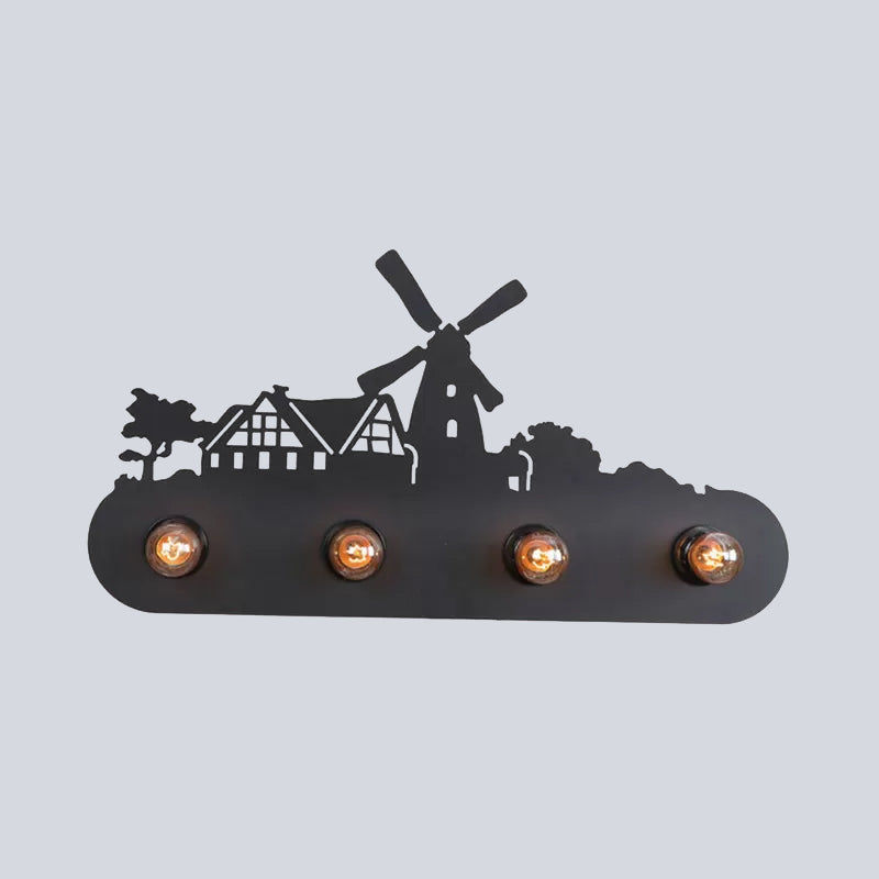 Vivolux | Lodge Open Bulb Wandlamp met Elkhert/Paard/Schaap/Berg/Windmolen/Boom Ontwerp 4 Gloeilampen Metalen Wandlamp in Zwart voor Binnen