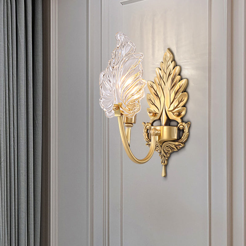 Vivolux | Traditionelle Palmblatt Wandleuchte 1/2 Lichter Klarglas Wandbeleuchtung Idee mit gewölbtem Arm aus Messing