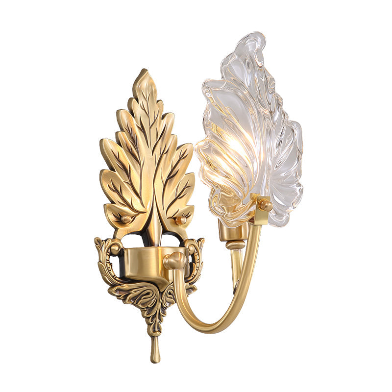 Vivolux | Traditionelle Palmblatt Wandleuchte 1/2 Lichter Klarglas Wandbeleuchtung Idee mit gewölbtem Arm aus Messing