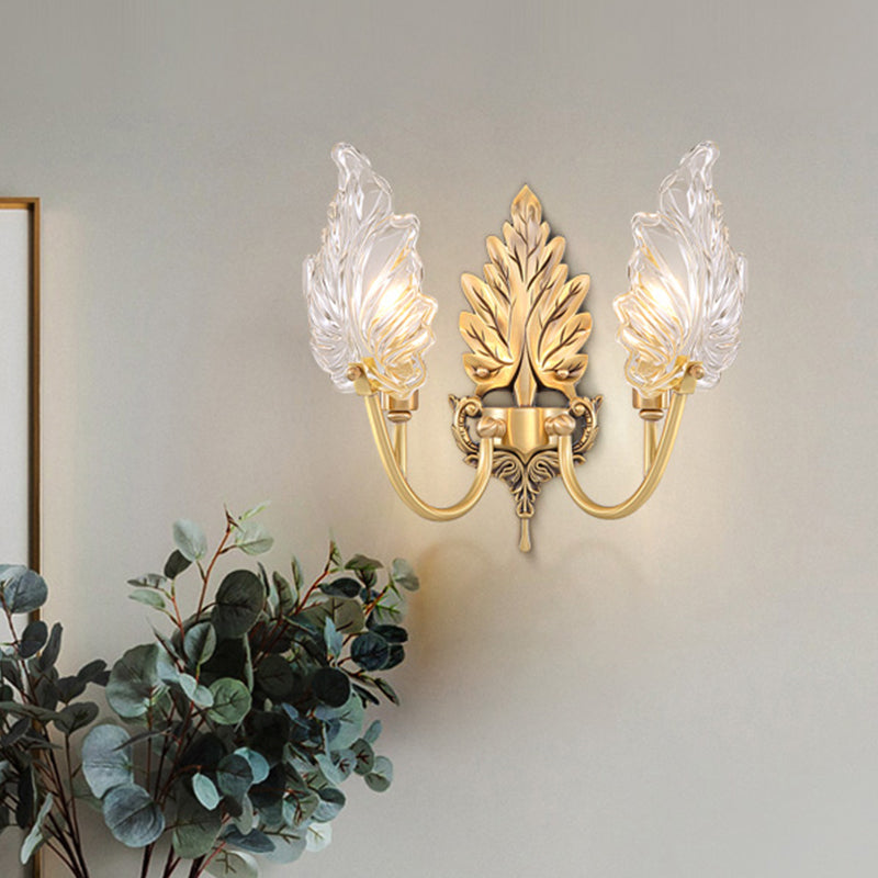 Vivolux | Traditionelle Palmblatt Wandleuchte 1/2 Lichter Klarglas Wandbeleuchtung Idee mit gewölbtem Arm aus Messing