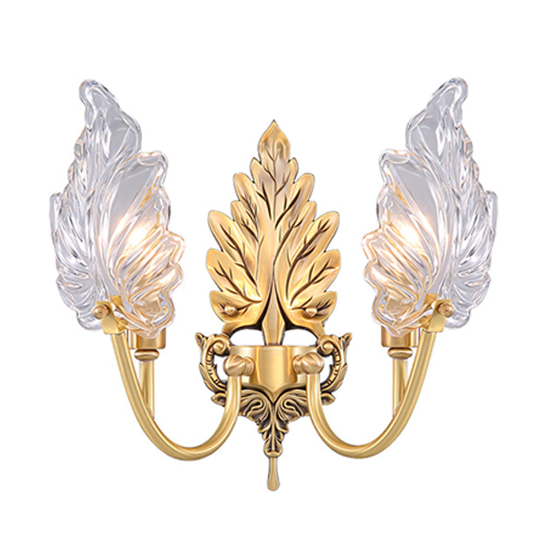Vivolux | Traditionelle Palmblatt Wandleuchte 1/2 Lichter Klarglas Wandbeleuchtung Idee mit gewölbtem Arm aus Messing