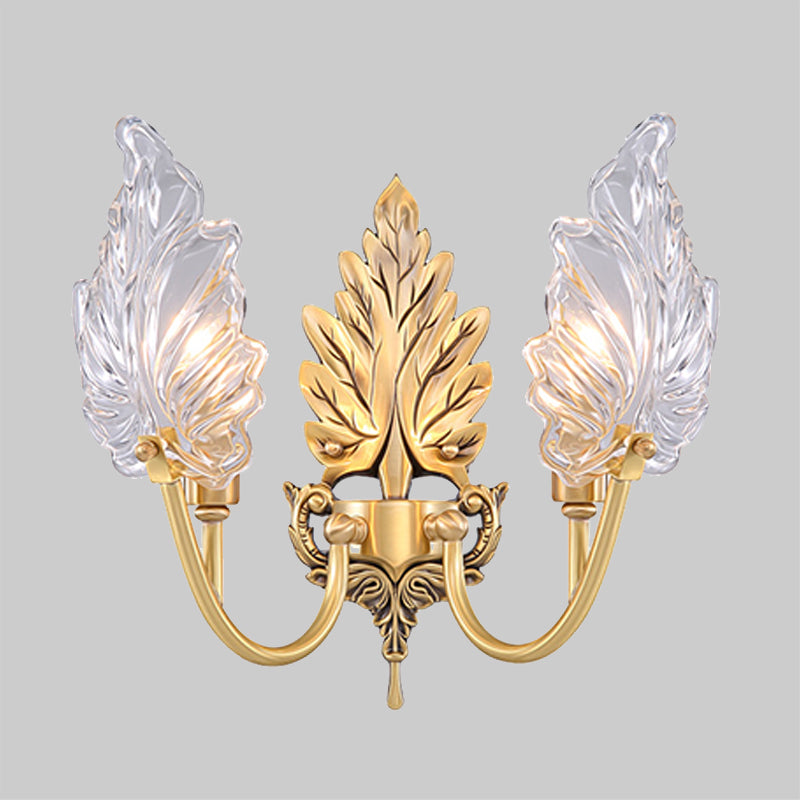 Vivolux | Traditionelle Palmblatt Wandleuchte 1/2 Lichter Klarglas Wandbeleuchtung Idee mit gewölbtem Arm aus Messing
