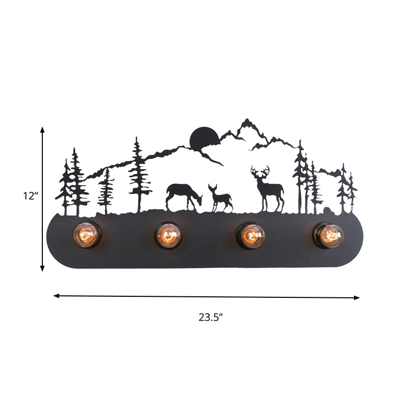 Vivolux | Lodge Open Bulb Wandlamp met Elkhert/Paard/Schaap/Berg/Windmolen/Boom Ontwerp 4 Gloeilampen Metalen Wandlamp in Zwart voor Binnen