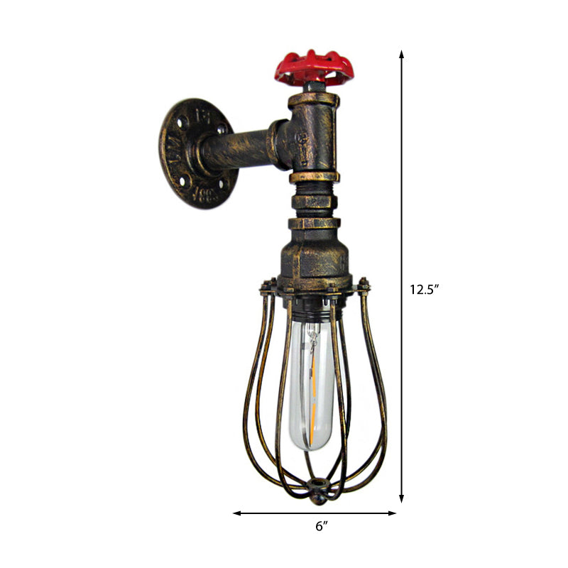 Vivolux | 1 Kopf Glühlampe geformte Wandlampe mit Drahtschutz und rohem Ventil Industrie Antik Messing Eisen Wandmontage Licht