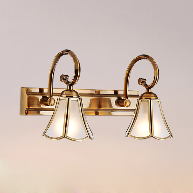 Vivolux | Milchglas Wellenrand Vanity Lampe Kolonialstil 1/2/3-Kopf Badezimmer Wandbeleuchtung Leuchte in Gold