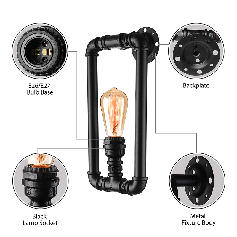 Vivolux | 1 Glühbirne Rechteckige Rohr Wandleuchte Antik Stilvolles Schwarz/Rost Eisen Wandmontierte Lampe für Schlafzimmer