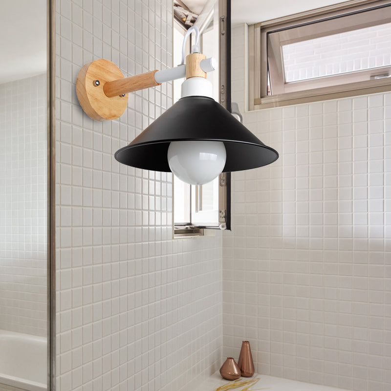Vivolux | 1 Kopf konische Wandlampe Licht Nordic Stil Schwarz Metallische Wandbeleuchtung mit Holzrückwand