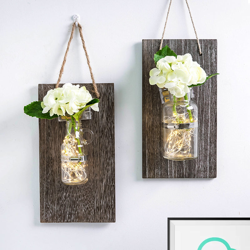 Vivolux | Weiße Blumen Wand Lichterkette Nordisches Klarglas Glas Jar Funkellicht mit Holz Rückplatte