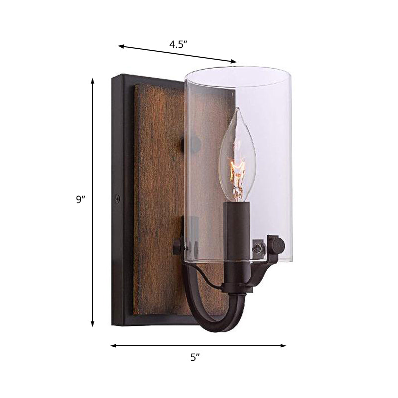 Vivolux | 1 Glühbirne Zylinder Wandmontierte Leuchte Industrie Braun Klar Glas Beleuchtung mit Holzhintergrundplatte