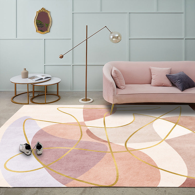 Vivolux | Scandinavian Novelty Rug in Pink Colorblock Line Pattern Rug Polyester Machine Washable Carpet for Home Decoration