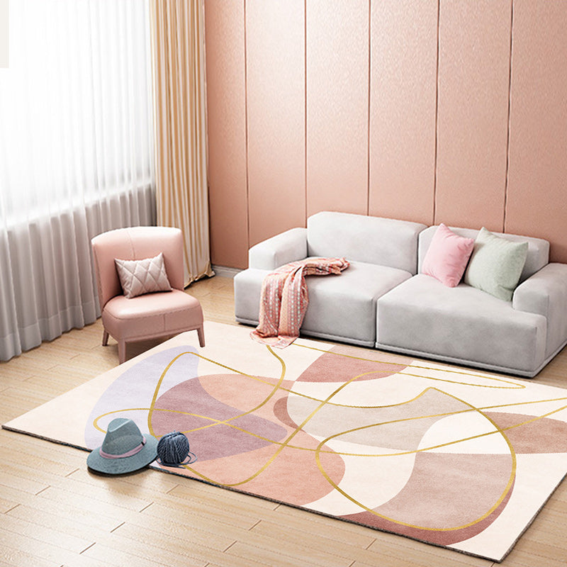 Vivolux | Scandinavian Novelty Rug in Pink Colorblock Line Pattern Rug Polyester Machine Washable Carpet for Home Decoration