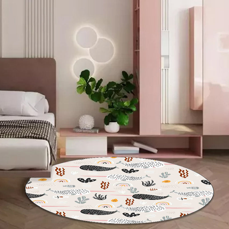 Vivolux | Schattig Kindertapijt in IVORY Tier Walvis Bladeren Muster Teppich Polyester Antirutsch Waschbar Teppich für Kinderzimmer