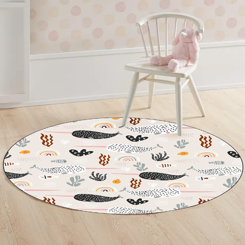 Vivolux | Schattig Kindertapijt in IVORY Tier Walvis Bladeren Muster Teppich Polyester Antirutsch Waschbar Teppich für Kinderzimmer