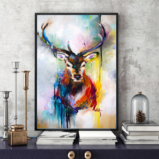 Vivolux | Nordic Deer Schilderij Wandkunst Rode und Blaue Textur Leinwanddruck für Esszimmer