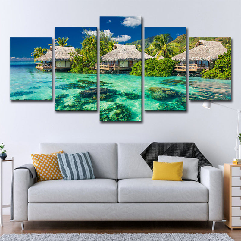 Vivolux | Tropisches Resort Seascape Kunstdruck Aqua Wohnzimmer Wanddekoration, Mehrteilig