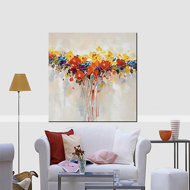 Vivolux | Ölgemälde Blumen Leinwand Kunst Modernistische Texturierte Wanddekoration in Orange für das Wohnzimmer