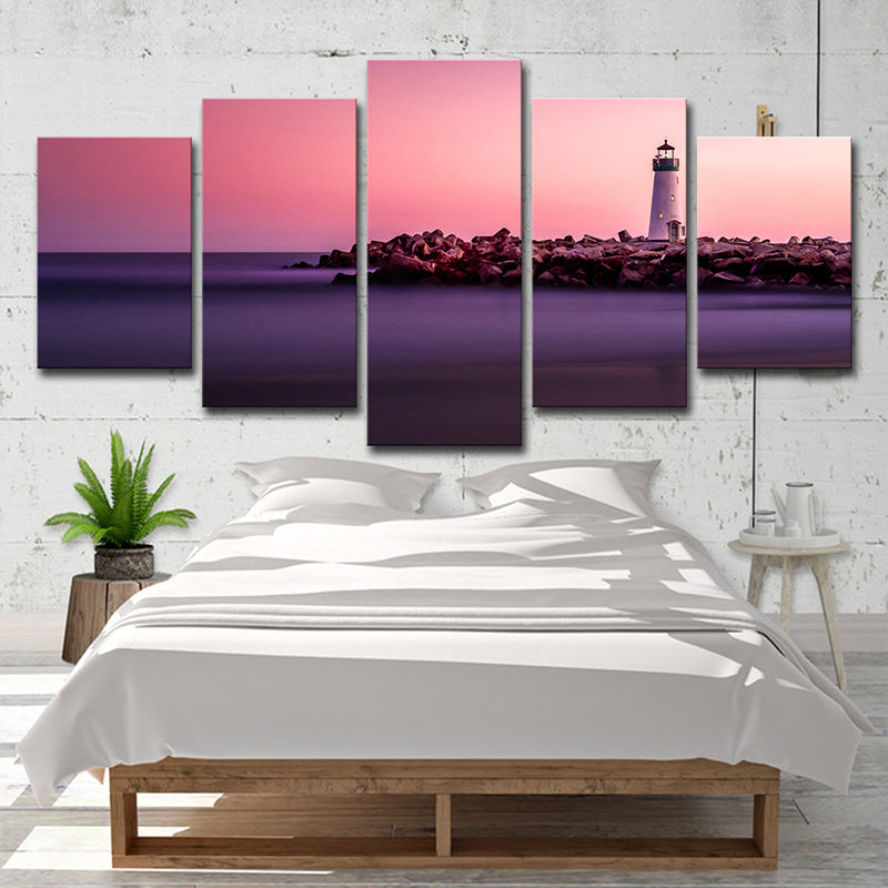 Vivolux | Zonsondergang Zeeslag Lighthouse Canvas Print Hedendaagse Multi-Stuk Muurdecoratie in Roze