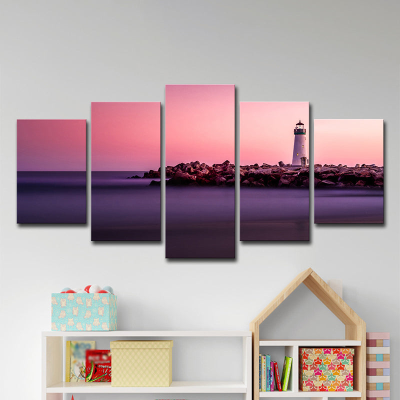 Vivolux | Zonsondergang Zeeslag Lighthouse Canvas Print Hedendaagse Multi-Stuk Muurdecoratie in Roze
