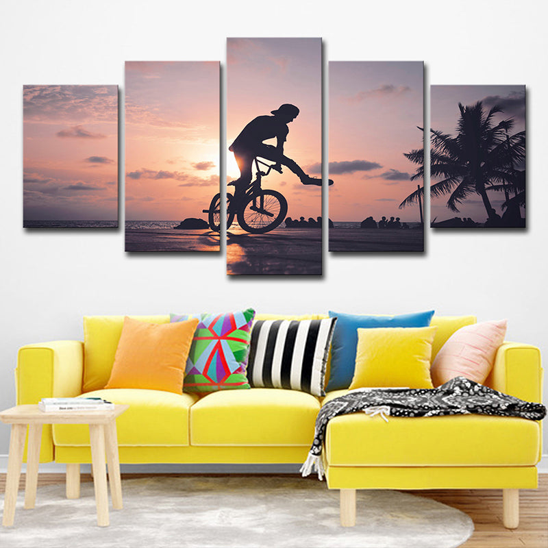 Vivolux | Tropische Sonnenuntergang Fahrradtour Leinwand Grau und Orange Mehrteilige Wandkunst für Wohnung