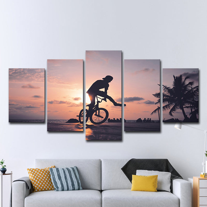 Vivolux | Tropische Sonnenuntergang Fahrradtour Leinwand Grau und Orange Mehrteilige Wandkunst für Wohnung
