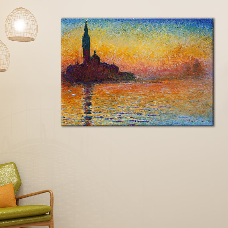 Vivolux | Texturiertes Orange Eingewickeltes Canvas Moderne Stadt am Fluss Sonnenuntergang Landschaft Wandkunst
